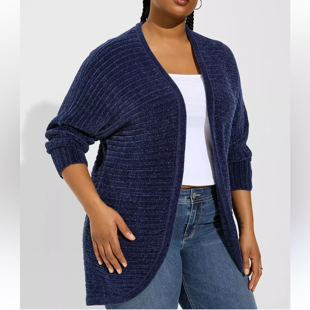 Torrid‎ Chenille Cocoon Open Front Ribbed Sweater Deep Blue sz 1 Womens Cardigan